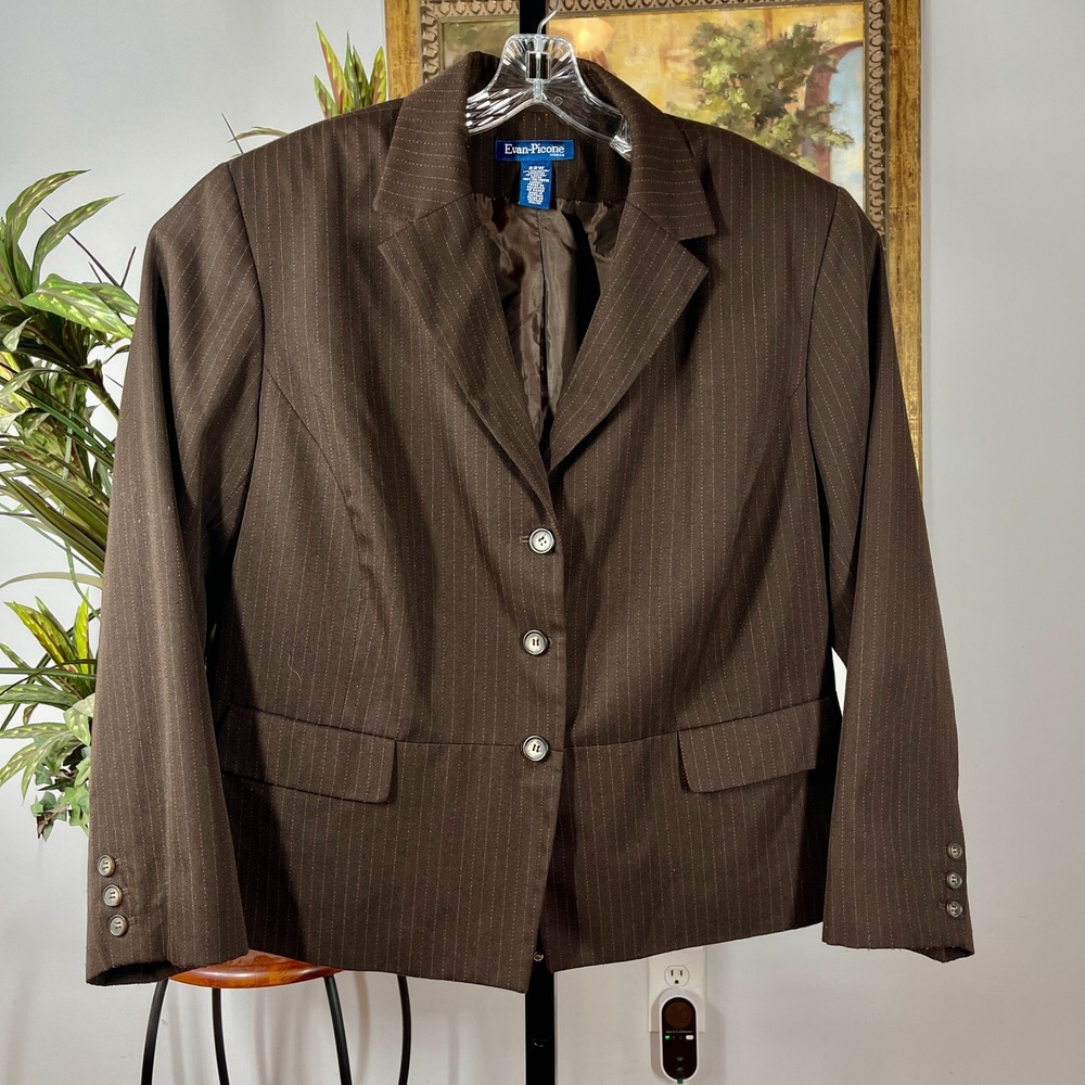 Evan-Picone Blazer Women 22W Brown Poly Rayon Pinstripe 3-Button Suit Jacket
